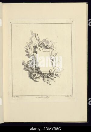 Cartouche décorée d'éléments de feu, Jacques de Lajoüe, français, 1687–1761, François Joullain, France, 1697 – 1778, gravure sur papier blanc, le centre de la cartouche est défini par une porte en fer entourée d'éléments de feu: Salamandres crachant feu, serpents, torches, une fourche, et flammes bondissant., France, 1740, ornement, Imprimer Banque D'Images