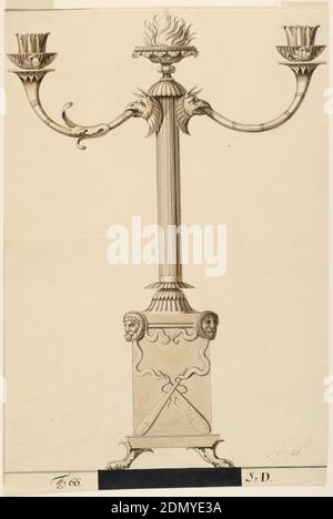 Design pour un Candlestick, stylo et encre noire, pinceau et lavage sur papier, tige cannelée est surmontée d'un bol avec une flamme. De têtes fantastiques en dessous, faire pousser deux branches. Le piédestal haut montre des têtes de lion avec des rayures des cuirs et deux clubs croisés. Pieds et plinthe flanquée de boîtes., Augsbourg, Allemagne, 1825–35, éclairage, dessin Banque D'Images