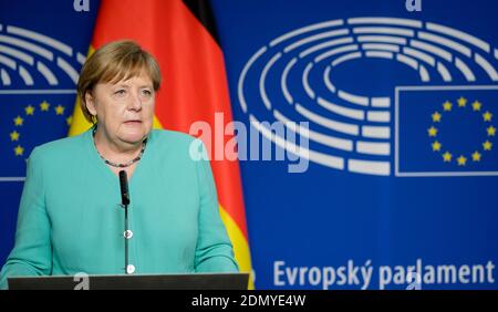 Belgium, Brussels, on July 8, 2020: official visit of German Chancellor Angela Merkel to the European Parliament Stock Photo