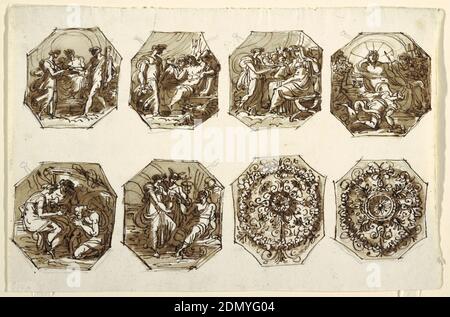 Six compositeurs octogonaux, Hercules et Hebe, deux ornements foliés, Sala di Ercole e Ebe, Palazzo Gessi, Felice Giani, italien, 1758–1823, encre stylo et brune, brosse et bruns sur craie noire sur papier coulé, six octogons montrant Hercules et Hebe: 1) mariage de Hebe et Hercules; Leurs mains droites se sont jointes comme elles se tiennent avant Jupiter. 2) Hebe offre nectar à Jupiter et s'approche des dieux assis. 3) Hebe offre nectar à Juno, assis à droite, devant les déesses. 4) Hebe montré tombant, tenant le pichet et la tasse. Dieux assis à l'arrière avec Jupiter au centre. Sur le fond: 5) Hebe rajeunit Banque D'Images