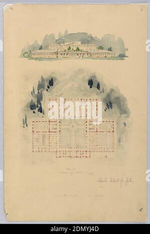 Élévation et plan de l'école Hearst pour filles, Washington, D.C., Graphite, pinceau et aquarelle sur carton crème, au-dessus, élévation et au-dessous, plan de l'école. Échelle ci-dessous., Etats-Unis, 1896, architecture, dessin Banque D'Images