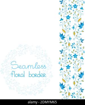 Bordure fleurie sans couture fleurs bleues sur fond blanc Illustration de Vecteur