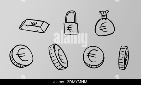 Symboles gris d'affaires en euros dessinés à la main. illustration de l'argent en 2d avec style de conception en forme de doodle Banque D'Images