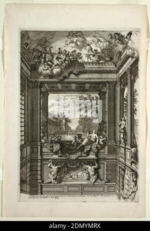 Trompe l'oeil peinture, Décoration pour l'escalier, de Voorst, pays-Bas, plaque de 'nouveaux livres de peinture de salles et d'Escaliers', Arnold Joost van Keppel, Daniel Marot, français, actif aux pays-Bas et en Angleterre, 1661–1752, Etching sur papier blanc couché, Alcôve décorée de figures classiques masculines et féminines avant un jardin planifié avec plafond en trompe l’œil représentant le vent et les nuages., pays-Bas ou France, ca. 1700, architecture, impression Banque D'Images