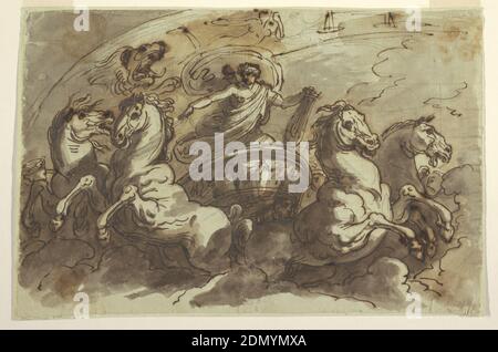 Apollo pilotant le Chariot du Soleil, pour la Sala di Apollo e Diana, Palazzo Bianchetti, Bologne, Felice Giani, Italien, 1758–1823, stylo et encre marron foncé, pinceau et lavage brun, graphite sur papier blanc cassé, rectangle horizontal. Dieu conduisant dans un char avec quatre chevaux, au-dessus des nuages, suppor lyre avec la main gauche; vu devant, au-dessus d'un arc avec trois signes de zodiaque: Lion, Vierge, écailles., Italie, 1810–23, figures, dessin Banque D'Images