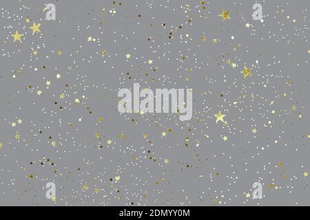 Fond gris avec paillettes dorées brillantes. Pois, étoiles et petits sparkles dans une résille plate. Concept festif. Banque D'Images