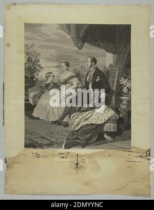 Photo, Leaf Coles Smith Co, Anglais, Winterhalter, FD Potton Rambaud Cié., Moyen: Technique de la soie: jacquard Woven, Portrait tissé de la Reine Victoria, Prince Albert et de leur fils aîné, Prince Albert Edward en noir, tons de gris et blanc., Lyon, France, 1850, textiles tissés, photo Banque D'Images