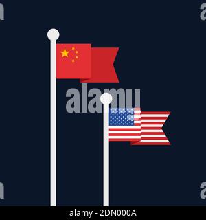 Comparaison et concurrence entre les Etats-Unis et la Chine - le drapeau chinois est supérieur gagnant à inférieur et perdant drapeau américain. Illustration vectorielle. Banque D'Images