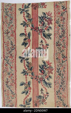 Textile, Moyen : coton technique : mordants pour 2 rouges, violet et noir appliqués au stylo et au pinceau ; teint plus foncé ; bleu et jaune ajoutés au pinceau ; chintz sur un tissage simple, bandes en dentelle et bandes florales., Inde, 1750–1800, textiles imprimés, teints et peints, textile Banque D'Images