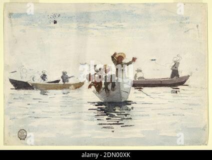 Quatre barques avec enfants, Winslow Homer, cuisine américaine, 1836–1910, pinceau et aquarelle, graphite sur papier vélin blanc, scène horizontale de quatre barques avec enfants en mer. Le bateau central est vu de l'arc, deux bateaux à gauche du bateau central sont vus pleine longueur, et un pleine longueur à droite., Gloucester, Massachusetts, USA, 1880, Seascapes, dessin Banque D'Images