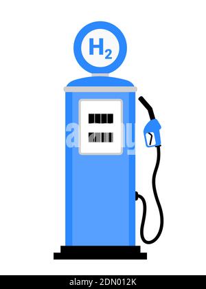 Ancienne station-service rétro et vintage avec pistolet à carburant. La lettre H est le symbole des piles à combustible à hydrogène. Illustration vectorielle isolée sur blanc Banque D'Images