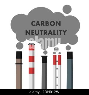 Neutralité du carbone - les cheminées industrielles et les cheminées produisent des gaz d'échappement, des fumées, des émissions et de la fumée. Illustration vectorielle isolée sur blanc. Banque D'Images