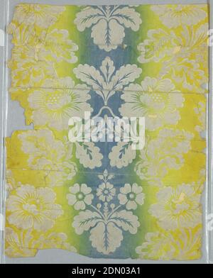 Sidewall, Block-printed paper, Vertically striped ground of blue to green to yellow, with over-printed symmetrical pattern of flowers on curving branches, diagonally striped with white. Ombre, also called irise or rainbow paper., France or USA, 1820–30, Wallcoverings, Sidewall Stock Photo