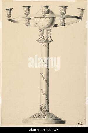 Dessin pour un Candlestick, Joseph Anton Seethaler II, allemand, 1799–1868, Graphite, stylo et encre noire, pinceau et lavage sur papier, UNE petite vigne est enroulée autour d'une colonne sur laquelle deux sphinx supportent une sphère étoilé. Une bague de support de douille d'éclairage est fixée à celle-ci par des rayons, dont sept sont illustrées., Augsbourg, Allemagne, CA. 1825–35, éclairage, dessin Banque D'Images