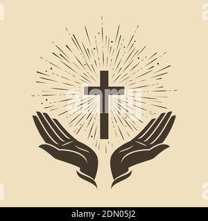 Croix lumineuse avec symbole mains. Vecteur du logo de l'église Illustration de Vecteur