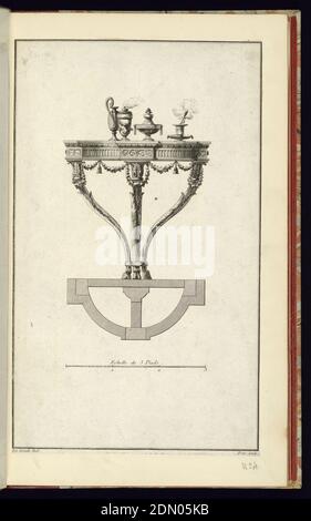 Oeuvres de Lalonde, Décorateur et dessinateur, 5 Cahier, Manque 4, Richard de Lalonde, français, actif 1780–96, Chereau, français, actif ca. 1780–1799, Décapage sur papier blanc cassé, élévation de la table de console à trois pattes dans le style néo-classique. Les jambes sont dotées d'un motif foliant orné d'un motif feuilles. Le plateau de table à demi-cercle est orné de motifs de reneaux, de flèches et d'un motif architectural entablature. La table est équipée d'un vase à colonne avec une poignée incurvée, d'un grand pot couvert avec une ornementation de feuilles d'acanthus, d'un grand bol couvert et d'un brûleur à encens sur une assiette Banque D'Images