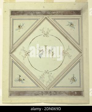 Plafond d'une chambre à coucher, Felice Giani, italien, 1758–1823, stylo et encre marron foncé, pinceau et aquarelles avec noir, rouge, violet et bleu lave sur des traces de graphite sur papier., rectangle vertical. Bandes au-dessus et en dessous avec ornement au milieu. Reste divisé en losange, quatre triangles. À l'intérieur des trophées des objets. Au centre de lozenges deux femelles volantes genii, vu en profil, levant leurs bras extérieurs avec une couronne, soutenant leurs mains intérieures caduceus. Ils sont encadrés par un cercle formé par des guirlandes reliées par des noeuds. Dans le coin inférieur des lozenges, dessiner au crayon la bordure de la bande de crétage Banque D'Images