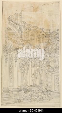 Scène Design: Palais Architecture avec trophées, stylo et bistre sur papier couché, rectangle vertical montrant le quart de section de l'intérieur du palais richement décoré avec pilaster, piédestal, sculptures, trophées et drapeaux. En arrière-plan se trouve une statue de Pallas Athena., Italie, CA. 1700, architecture, dessin Banque D'Images