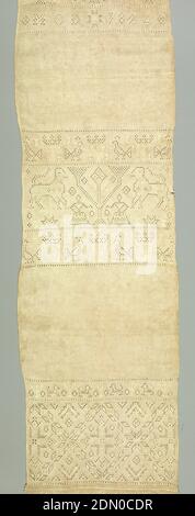 Towel, Medium: linen Technique: withdrawn element with darned motifs; macramé, Long vertical towel of undyed linen with three broad bands of embroidery and drawn work in white linen thread in symmetrical designs. Motifs include: horsemen, floral forms, initials 'M.O.D.' and 1824, lion and a female figure, and geometrical diaper pattern. Deep macramé border at lower end hand stitched onto linen strip. One plain cloth selvage., Denmark, 1824, embroidery & stitching, Towel Stock Photo