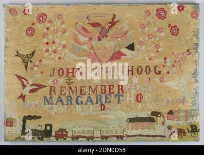 Sampler, Margaret Hoog, cuisine américaine, b. Irlande, Moyen: Broderie de laine et de coton sur la fondation de laine technique: Brodée en point de chaîne sur la fondation de tissage simple étiquette: Laine brodée avec laine et coton en point de chaîne, en haut, un aigle avec ailes étalées est perché sur un bouclier, avec des drapeaux et des bougetures, entouré de vaporisateurs floraux. Au fond se trouve un paysage avec une petite ville, une locomotive, un cheval et une calèche. Au centre est l'inscription: John The Hoog O Love se souvenir de moi Margaret Hoog marié le 1875 juin 3, entouré d'oiseaux et de fleurs. Banque D'Images