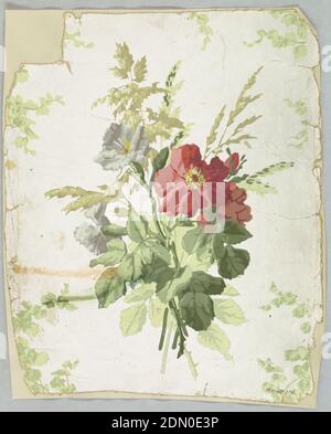 Flanc, imprimé en bloc sur sol satiné, bouquet de fleurs : roses rouges, œillets gris-bleu avec feuilles vertes et herbes de champ vert-jaune. Imprimé en couleurs sur sol blanc satiné., États-Unis, 1850–60, revêtements muraux, flanc Banque D'Images