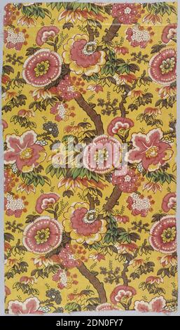 Textile, Medium: cotton Technique: relief printed on plain weave, blue applied by brush, Exotic pink flowers on thick tree-like branches on a yellow background., England, ca. 1812, printed, dyed & painted textiles, Textile Stock Photo