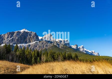 Parc de Quarry Lake, plage de montagne sereine et parc pour chiens à la fin de la saison d'automne, journée ensoleillée le matin. Mont Rundle enneigé avec ciel bleu Banque D'Images