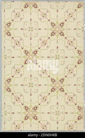 Ceiling paper, Machine-printed paper, On light green-gray ground, complex treillage of chartreuse vines with four-leafed motifs. Printed in pink, chartreuse and red., USA, 1905–1915, Wallcoverings, Ceiling paper Stock Photo
