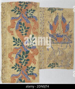 Flanc, imprimé à la machine sur du papier chiffon en coton, 2 modèles différents montés sur le support. Bande étroite de branches foliaires bleues sur le bord gauche, avec bande plus large de rubans drapeau américain formant un motif guilloche. Une autre bande étroite de branches foliaires bleues, avec une bande plus large contenant des drapeaux américains, des canons, des boucliers et des tambours, alternant avec des flèches de maintien d'aigle et des branches de Laurier. Imprimé en rouge, bleu et vert sur sol blanc cassé., États-Unis, 1840–1860, revêtements muraux, flanc Banque D'Images