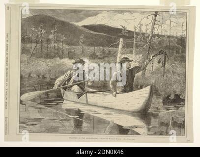 Piégeage dans les Adirondacks, de chaque samedi 24 décembre 1870, p. 849., Winslow Homer, américain, 1836–1910, John Parker Davis, 1832–1910, gravure en bois sur papier vélin blanc cassé, vue horizontale de deux hommes, Charles Lancashire et Rufus Wallace, en canot, avec un fusil reposant sur les armes à feu, Vérification des pièges de l'étang Mink à la fin de l'été ou au début de l'automne. L'homme dans la poupe tient la pagaie; l'homme dans l'arc tient un piège dans lequel une belette a été attrapée. Beaver Mountain s'élève à droite en arrière-plan., USA, 1870, conception graphique, Imprimer Banque D'Images