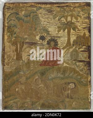 Image brodée, Moyen: Soie, technique métallique: Broderie sur une fondation à armure toile, image brodée rectangulaire montrant le Christ priant dans le jardin de Gethsémané à la veille de sa crucifixion. Trois apôtres endormis en premier plan, un ange se hante au-dessus de s'agenouiller le Christ au milieu du sol. Arbres et bâtiments en arrière-plan. Soie multicolore et fils métalliques sur le tissu de fondation à tissage simple de soie crème. Note jointe: 'Mercur sale: De l'ancienne image anglaise brodée - Christ en arrière-plan.' Pas dans l'album photo Fraser. Très mauvais état. Le tissu de fondation a pratiquement disparu. Banque D'Images