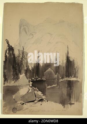 Mirror Lake, Yosemite, Thomas Moran, cuisine américaine, b. Grande-Bretagne, 1837–1926, Recto: Pinceau et lavage noir, graphite sur papier vélin brun clair Verso: Graphite sur papier vélin brun clair, vue verticale du lac au premier plan reflète les pins à la distance moyenne. North Dome monte, arrière gauche., Verso: Croquis en graphite du lac et des arbres., 1872, paysages, dessin Banque D'Images