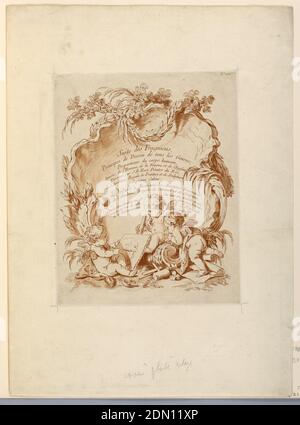 Titre de la septième série de 'Suite des Fragmens', Louis-Marin Bonnet, Français, 1736 - 1793, Jean-Baptiste Marie Huet, (Français, 1745–1811), Etching avec aquarelle en rouge brunâtre sur papier, le texte est écrit dans une coquille debout, au fond duquel deux putti regardent un troisième tableau. Coin supérieur droit: N° 404, France, ca. 1785, Imprimer Banque D'Images