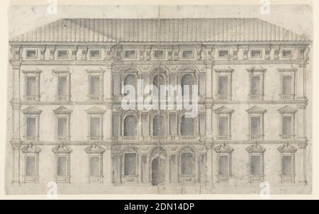 Façade du palais Elevation, stylo et encre brune, brosse et lavage gris sur papier crème, élévation d'un palais à trois étages, avec une triple baie encastrée partie centrale avec galeries. Les fenêtres sont en relief et le toit est supporté sur des supports appariés, entre lesquels sont de petites fenêtres grenier., Rome, Italie, 1680–1720, architecture, dessin Banque D'Images