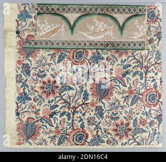 Sidewall and border, Block-printed on handmade paper, Red and blue floral paper on a white ground in the style of an 'Indian printed' with a border attached. Might have been printed from textile block. Border is simulation of lace drapery., France, 1787–1800, Wallcoverings, Sidewall and border Stock Photo