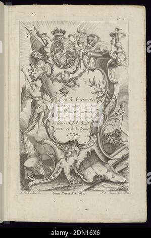 Page de titre, Livre de cartouts à divers usages (Livre de cartouilles pour différentes utilisations), François de Cuvilliés The Elder, Belge, active Allemagne, 1695 - 1768, Franz Xaver Andreas Jungwierth, allemand, 1720–1790, François de Cuvilliés The Elder, belge, active Allemagne, 1695 - 1768, Etching et gravure sur papier blanc couché, Cartouche encadrée de lions, drapeaux, vignes, figure classique, bouclier, plan architectural, médaille d'honneur., Munich, Allemagne, 1738, albums (relié) et livres, imprimés reliés Banque D'Images