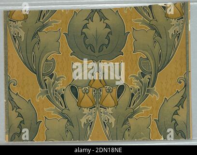 Flanc, imprimé à la machine sur papier, motif foliant dans le style art nouveau. Grandes feuilles vertes, sur sol jaune brunâtre. Au centre du motif principal se trouvent trois fleurs stylisées de jaune brunâtre. Drop Match., États-Unis, env. 1900, revêtements muraux, flanc Banque D'Images