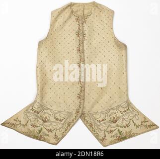 Waistcoat, Medium: silk Technique: embroidered, Gentleman's waistcoat of off-white taffeta in a collarless, cutaway style and shaped pocket flaps. Embroidered in multicolored silks. Body has lattice arrangement of sprigs, flower buds and X-shapes while center front has a floral vine decoration. Pocket flaps have ribbon garlands over a gazebo-like structure. Below flaps, white birds, flowers and floral garlands., France, mid- 18th century, costume & accessories, Waistcoat Stock Photo