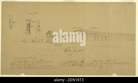 Temples grecs doriques d'Athena (anciennement Ceres), Hera II (anciennement Neptune) et Hera I (anciennement Basilique), Paestum, Salerno, Italie, église Frédéric Edwin, américaine, 1826–1900, Graphite sur papier vélin brun clair, vue panoramique horizontale des trois temples grecs doriques comme suit : Trois détails de colonnes du Temple de Héra I [Basiclia] en haut à gauche; du Temple d'Athéna [Céré] au centre à gauche; du Temple de Héra II [Neptune] au centre; du Temple de Héra I au centre à droite; Avec de petits détails de pacage des ânes, des fleurs et une femme debout au centre inférieur., USA, avril Banque D'Images