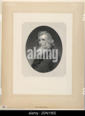 Portrait d'Asher B. Durand, Frederick W. Halpin, British, 1805 - 1880, Charles Loring Elliott, American, 1812 - 1868, gravure sur papier de chine, disposé, dans un cadre ovale est un portrait en buste du peintre, Asher Brown Durand (1796-1886), portant une longue barbe blanche et face à un quart à gauche. Ci-dessous, noms de l'artiste, du graveur et de l'éditeur., USA, 1865, Print Banque D'Images