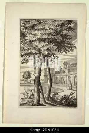 Assiette à Nouveaux Livre de Paysages (Nouveau Livre des paysages), Daniel Marot, français, actif aux pays-Bas et en Angleterre, 1661–1752, Etching et gravure sur papier blanc posé, au premier plan, un grand arbre fournit de l'ombre pour deux figures jouant avec un chien, et une amphora. En arrière-plan, une arcade avec des niches, un plan d'eau, et plus de figures avec un chien., pays-Bas, ca. 1700, architecture, impression Banque D'Images