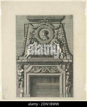 Design pour la pièce de manteau, de 'Cheminées et Lambris', Jean le Pautre, français, 1618–1682, Etching sur papier, dans le schéma d'un obélisque coupé avant un panneau mural. Un masque et deux cornucopias sont montrés sur le cadre de l'ouverture, gaines avec l'Atlantis sans armes à côté. Un médaillon avec deux portraits de femmes sur un piédestal d'où les têtes de deux oiseaux émergent, caressé par le putti, et les guirlandes forment la décoration de la partie supérieure., Europe, France, ca. 1670, Imprimer Banque D'Images