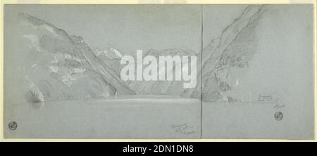 Vue sur le lac Konigssee avec le Falkenstein, près de Berchtesgaden, Bavière, Allemagne, partie 2, église Frédéric Edwin, américaine, 1826–1900, Graphite, gouache et gouache blanc sur papier bleu, vue horizontale du lac Konigssee depuis le Malerwinkel, montrant la pente raide et le Falkenstein., 11 juillet 1868, paysages, dessin Banque D'Images