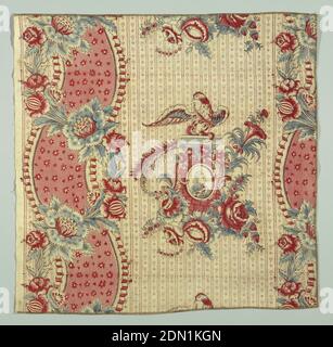 Textile, Cambon et Cie, Moyen: Coton technique: Relief imprimé, bloc de coton couleur crème imprimé en bleu, rouge et brun foncé pour les contours. Médaillon encadrant un homme dans une perruque à cravate. Perché au-dessus du médaillon, un aigle avec un serpent dans son bec. Large bande de courbure croisée avec des sprays floraux avec arrière-plan imprimé en rayures rouges et petits points., Montpellier, France, 1777, textiles imprimés, teints et peints, textile Banque D'Images