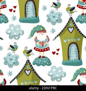 Motif vectoriel de nain sans couture. Mignon Saint Valentin petits gnomes dessinés à la main avec la maison et l'illustration de coeur. Dessin animé d'arrière-plan de vacances orné d'un enfant. Illustration de Vecteur