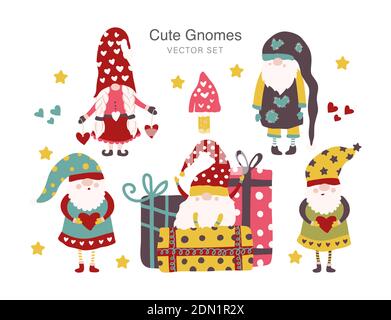 Ensemble de jolis gnomes de dessin animé isolés sur fond blanc. GNOME avec des personnages de dessin animé coeur de Valentines. Illustration de Vecteur