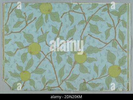 Flanc, papier imprimé en bloc, sur fond bleu clair, remplissage d'arrière-plan clairsemé de petites vignes et feuilles de couleur ivy en gris-bleu. Sur ce, motif de branches brunes avec feuilles et pommes vertes., Angleterre ou États-Unis, 1870–1885, revêtements muraux, flanc Banque D'Images