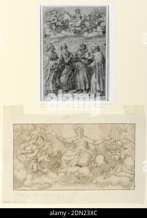 L'Assomption de la Vierge, Ventura Salimbeni, italien, 1568 - avant 1613, Taddeo Zuccaro, italien, 1529 - 1566, crayon rouge, stylo et encre, pinceau et lavage gris, sépia sur papier, rectangle horizontal. Sur nuages. Au centre se trouve la Vierge, dans une gloire de rayons. À gauche se trouve un ange jouant le luth. À droite un autre jouant l'orgue; les deux avec des groupes d'anges. Chérubins ci-dessous. Comparer avec le dessin par [sp?] Reproduit dans Röhrer 'Mammlung H.S Röhrer,' Augsburg, 1928, pl. 103. Attribution de Salimbeni considérée erronée par Philip Pouncy (verbalement, mars 1958)., Italie, début du XVIIe siècle Banque D'Images