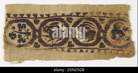 Band fragment, Medium: Warp; S-spun linen. Wefts; S-spun linen, S-spun wool. Technique: slit tapestry woven with supplementary weft wrapping, Four dark brown circles containing animals, probably hares, a bird and a plant., Egypt, 4th–5th century, woven textiles, Band fragment Stock Photo