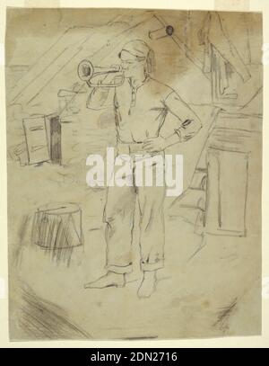 Homme portant le chapeau de Zouave, Winslow Homer, américain, 1836–1910, Graphite sur papier gris-brun, Recto: Vue verticale d'un homme portant un chapeau de Zouave et soufflant un bugle., Verso: Figures de femmes et un vol de marches., USA, ca. 1861, figures, dessin Banque D'Images